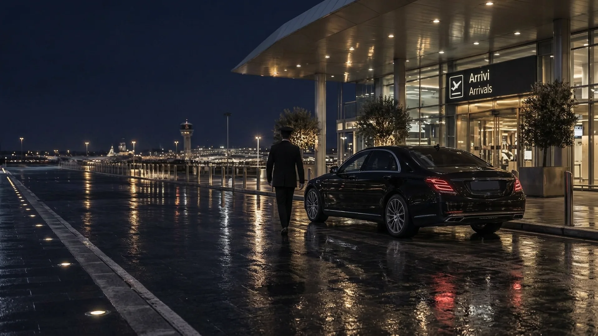Transfer privato all’aeroporto di Napoli di notte, berlina nera in attesa agli arrivi