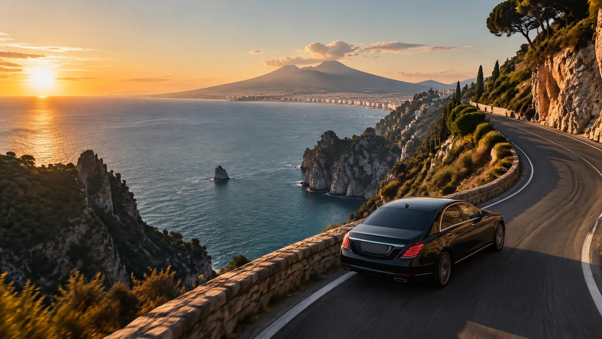 Una berlina nera sulla strada costiera al tramonto, con il Vesuvio sul mare