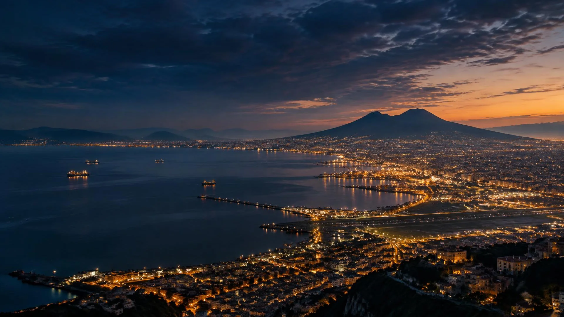 Il Golfo di Napoli e il Vesuvio al crepuscolo, con le luci della città