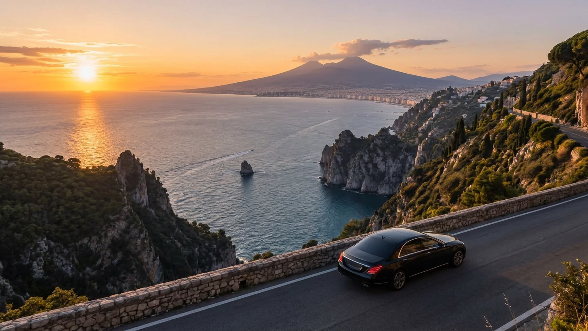 Transfer privato sulla strada costiera verso Sorrento al tramonto, con il mare e il Vesuvio