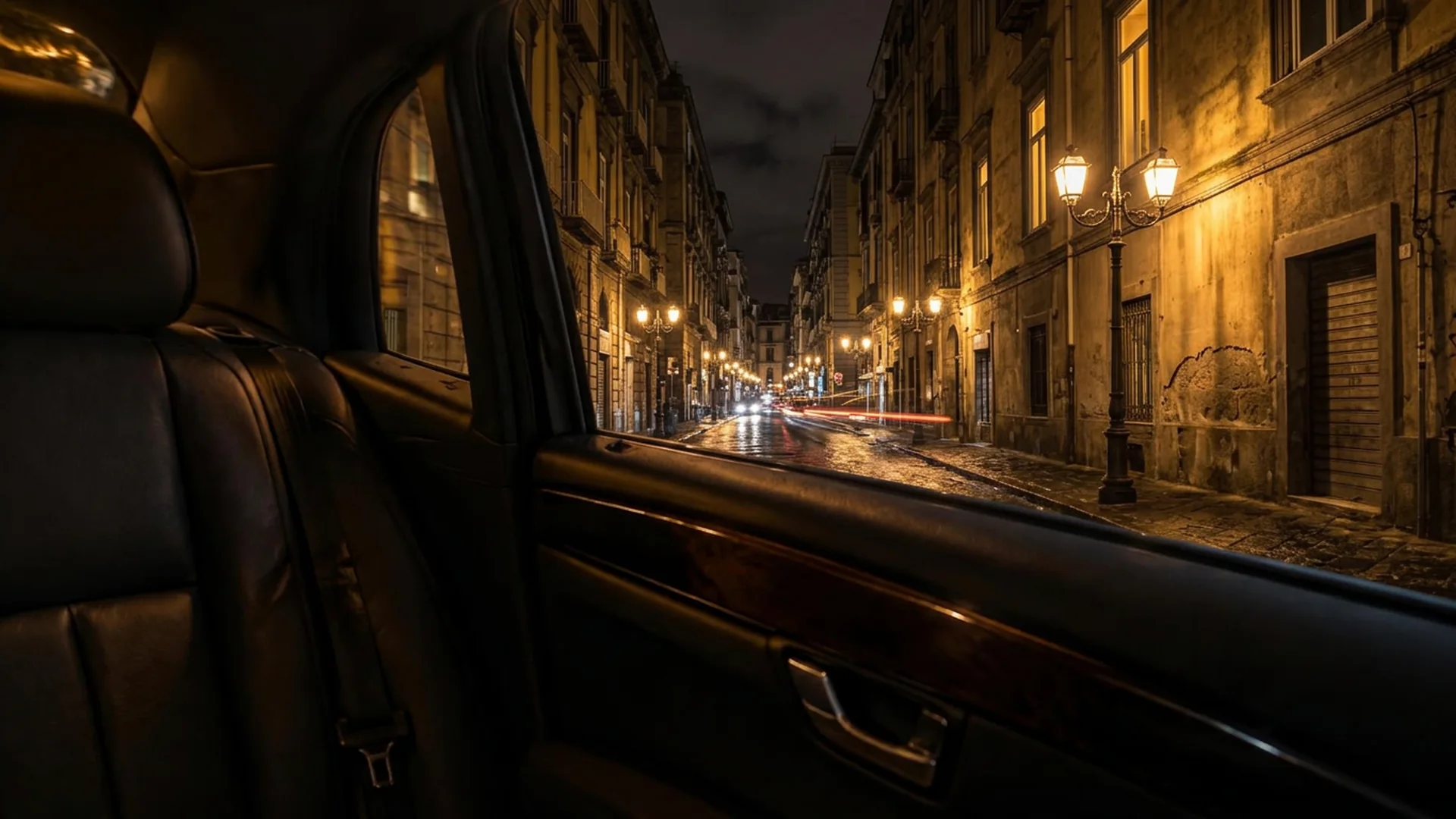 Dal sedile posteriore, luci notturne e strade bagnate di Napoli