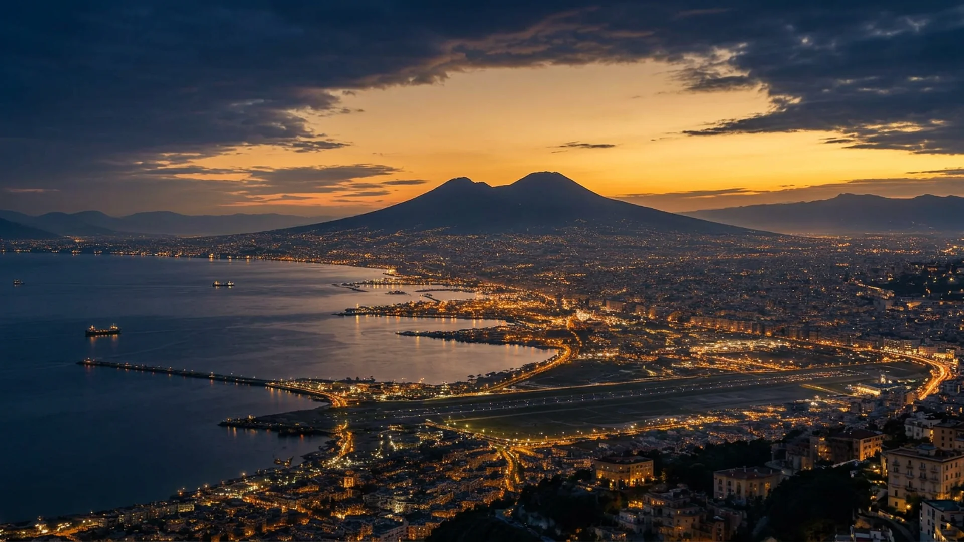 Il porto e il Golfo di Napoli di notte con il Vesuvio, per un transfer privato