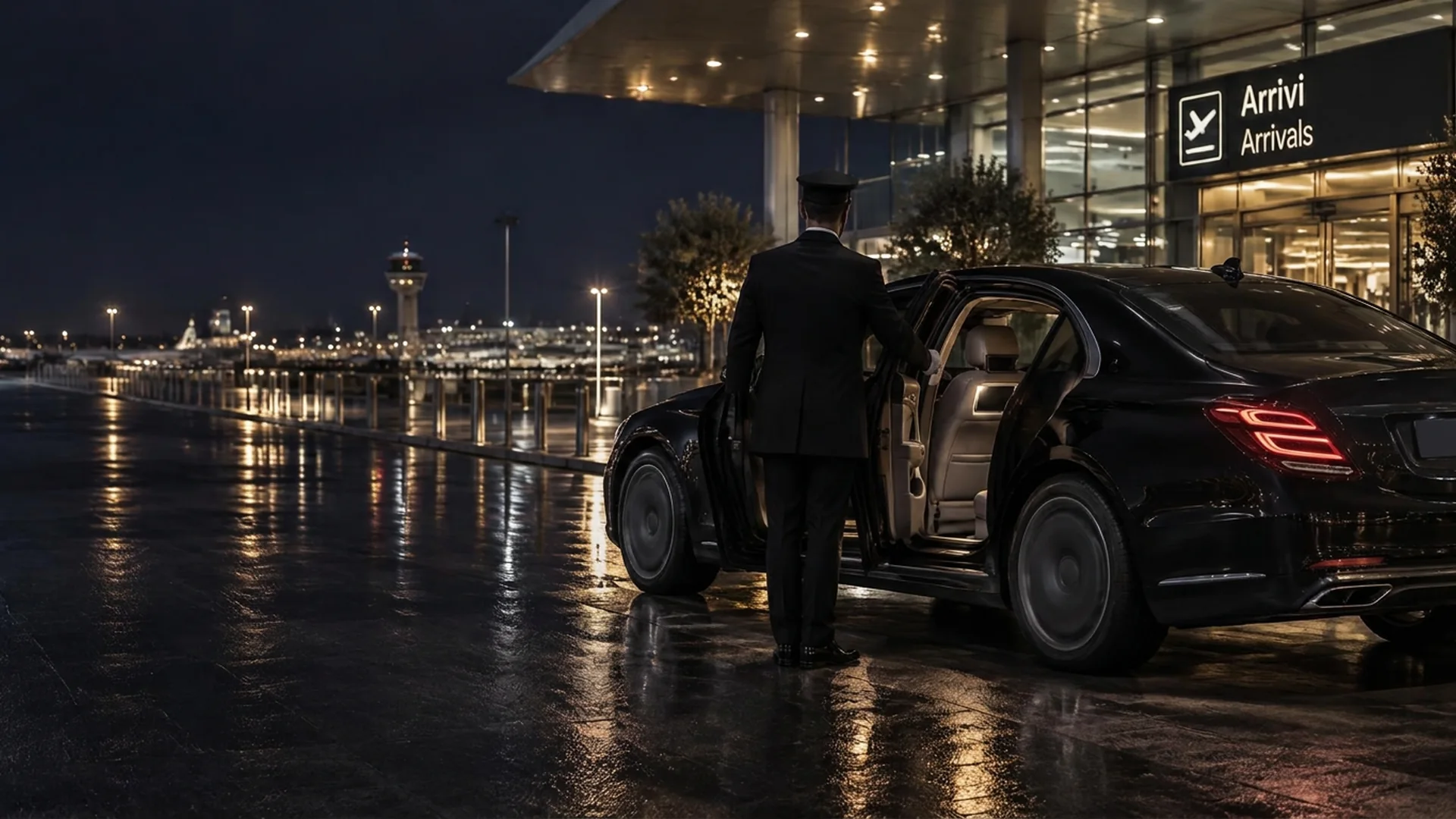 Un autista apre la portiera di una berlina nera agli arrivi in aeroporto