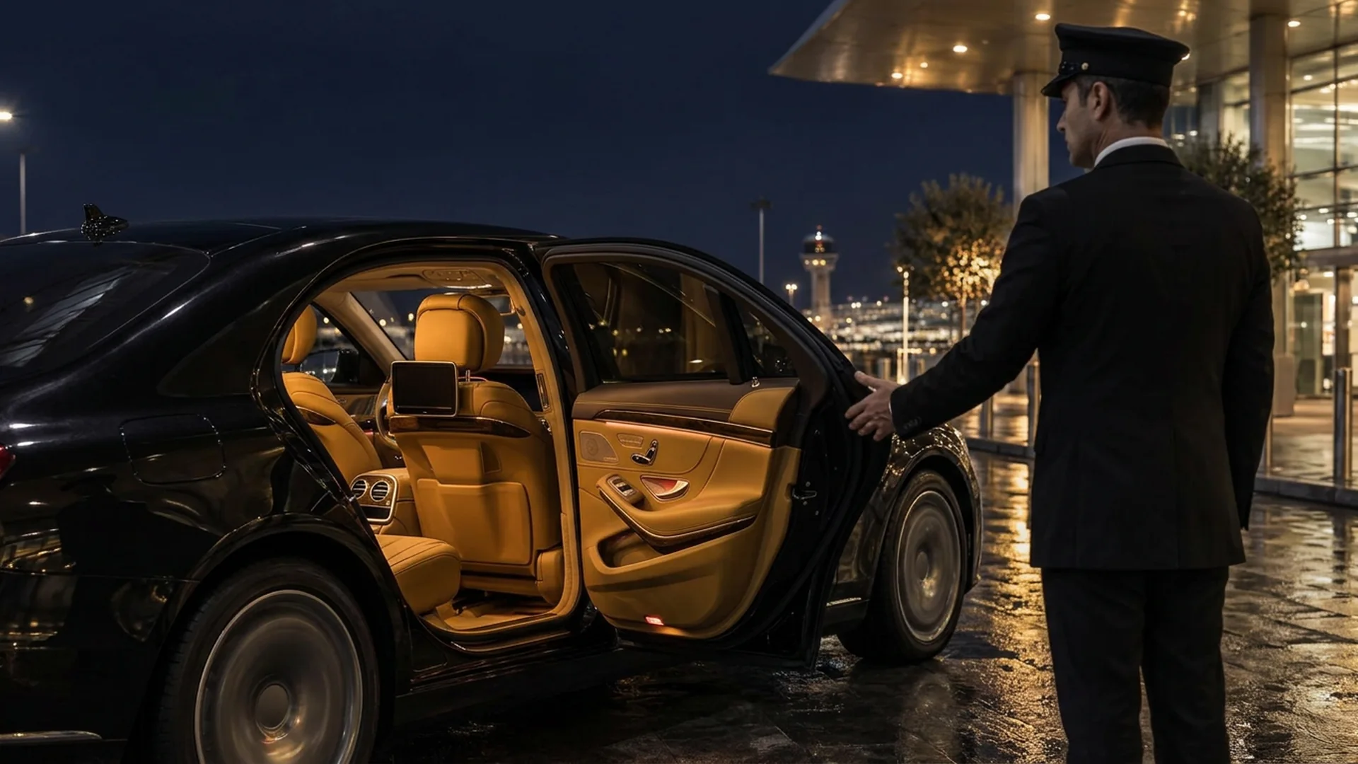 Transfer per ospiti di hotel e aziende: autista apre la portiera di una berlina nera
