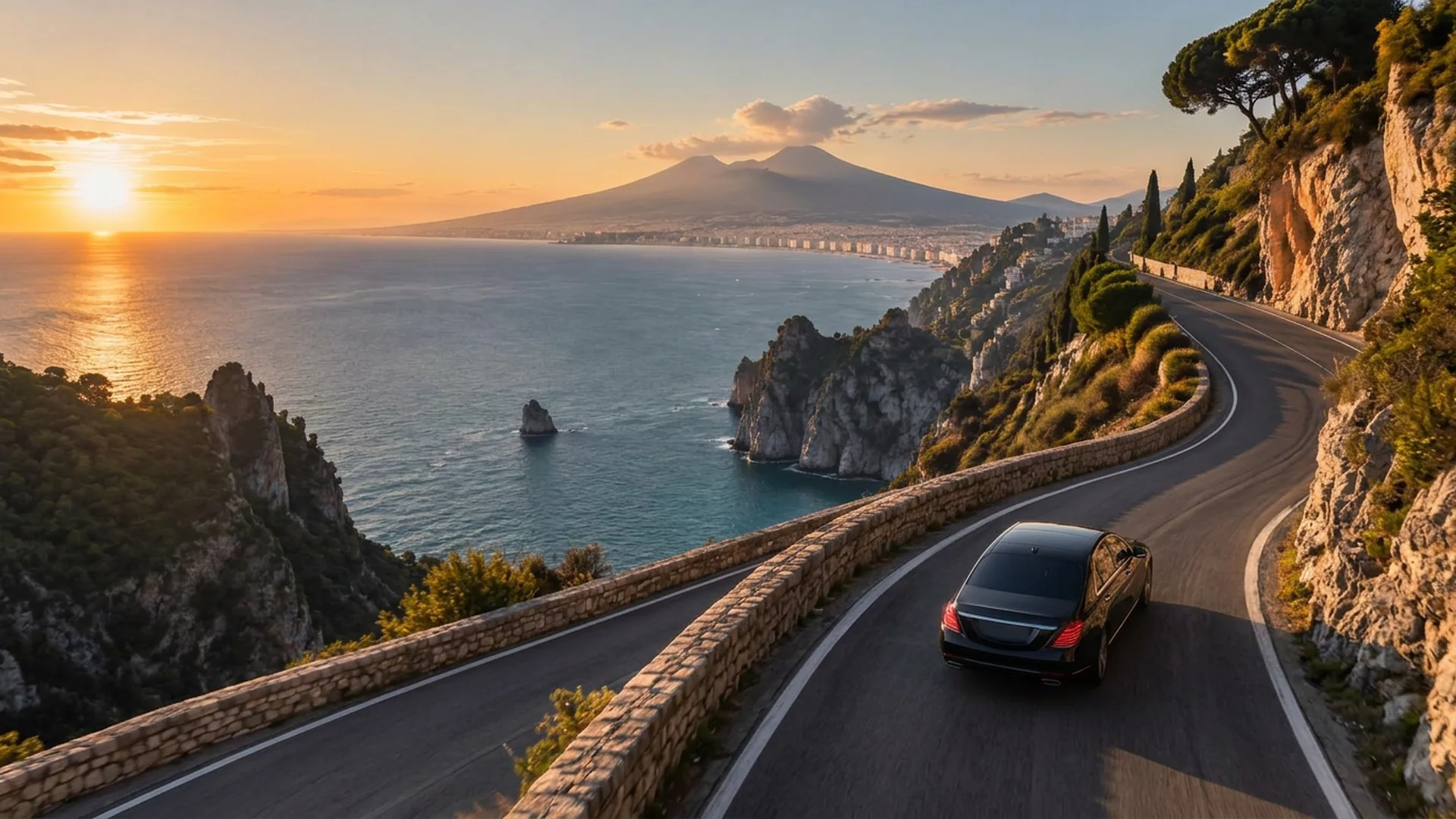 Strada costiera verso Sorrento al tramonto con un’auto con autista